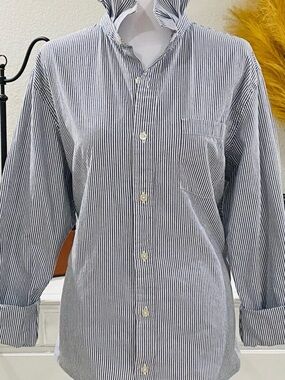 Men's Classic Navy Pinstripe Button-Up Shirt with vintage style American flag